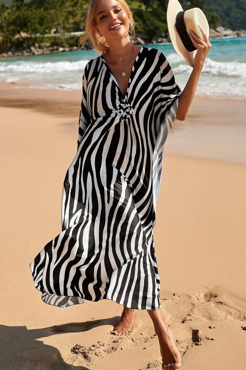 IMAGEKOPE Women's Plus Size Animal Print V-Neck Batwing Kaftan Beach Dress Bathing Suit Cover-Up Loungewear - Image 4